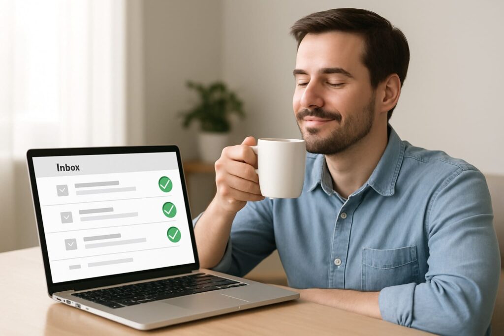 Hombre profesional relajado disfrutando un café junto a su laptop con la bandeja de entrada organizada gracias a la IA.