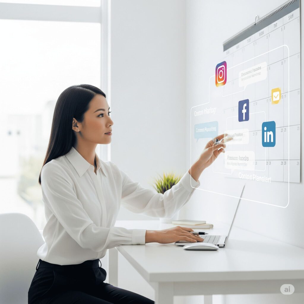 Estratega de marketing planificando un calendario de contenidos para redes sociales con la ayuda de la inteligencia artificial.